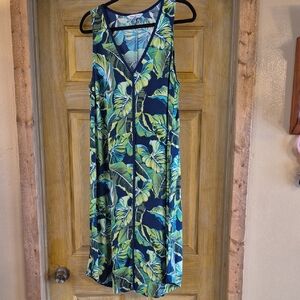 Tommy Bahama Sleeveless Tropical Print Dress Piping Detail Front Pleat Large